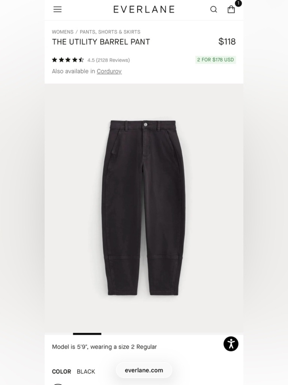 Everlane Women’s Utility Barrel Pant — Black size 16